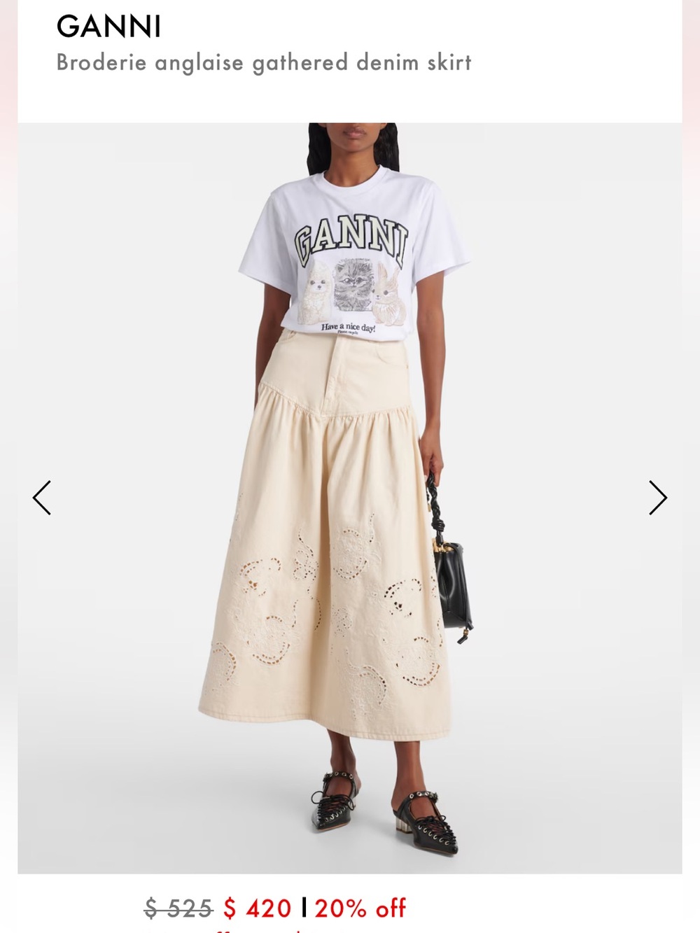 Ganni Cream Broderie Anglaise Gathered Midi Skirt NWT